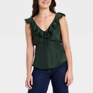 Women’s Dark Green Ruffled V-Neck Top
